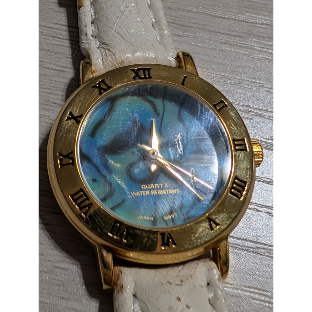 Vintage Y2K Women's Quartz‎ Watch Gold Roman Numerals Teal Abstract Dial Japan